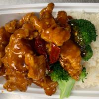 C11. General Tso's Chicken Combination Platter · Served with choice of rice and side. Hot and spicy.