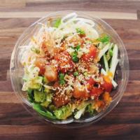 Shark Bait Bowl · Proteins: ahi tuna, salmon; base: sushi rice and salad; toppings: avocado, cucumbers, crab (...