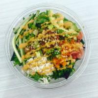 Great White Bowl · Proteins: ahi tuna, salmon, spicy tuna (raw); base: sushi rice and salad; toppings: crab mea...