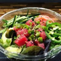 Fit Fish Bowl · Protein: ahi tuna (2 pieces); base: brown rice and salad; toppings: avocado, cucumbers, ging...