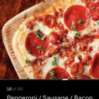 Pepperoni, Bacon & Chorizo Flatbread · Mozzarella & cacciatore tomato sauce