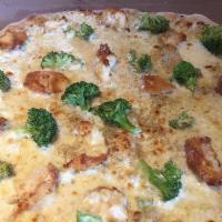 Chicken and Broccoli Pizza · Marinated chicken, broccoli, and mozzarella cheese on a lemon pepper cream sauce.