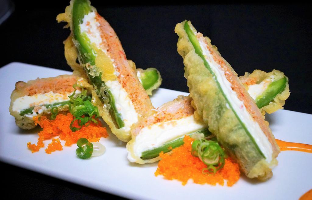 Heart Attack · Deep-fried jalapeno stuffed with cream cheese, spicy tuna, fish roe, green onion; 3 sauces. 4 pieces. Spicy.