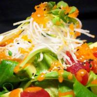 Spicy Tuna Salad · Tuna, Spring Mix, Cucumber, Avocado, Sprout, Daikon Radish, Fish Roe, Spicy Sauce