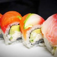 Rainbow Roll · 8 pieces. Crab, cucumber, and avocado topped with 5 kinds of fish.