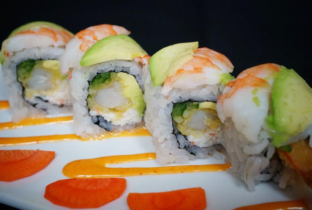 Tiger Roll · 8 pieces. Shrimp tempura, crab, avocado, cucumber topped with shrimp, avocado, and 3 sauces.