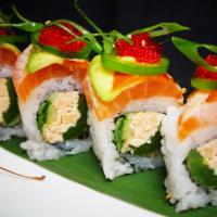 ABQ Roll · 8 pieces. Deep fried jalapeno stuffed with spicy salmon topped with salmon, avocado, fresh g...