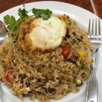 Pork Jerky Fried Rice with Fried Egg · Fried riced with house marinated pork jerky, egg, cherry tomato, onion, scallion and topped ...