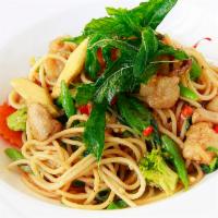 Spaghetti Chili and Basil · Spaghetti with fresh garlic, Thai chili, bell pepper, green bean, mushroom and basil. Add a ...