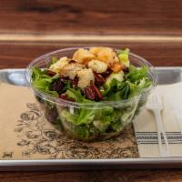 Fruit and Nut Salad · Spring mix and romaine layered with apples, dried cranberries, candied pecans, onions, goat ...