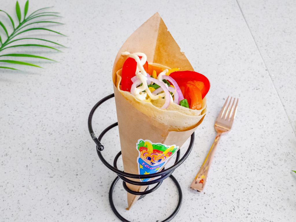 Veggie Crisp Crepe · Spring mix, bell pepper, tomatoes, corn, onion, mixed cheese, and choice of sauce.