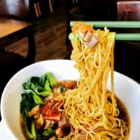Kuay Teow Ped Soup · Egg noodles in duck broth with roasted duck breast, bean sprout, baby bok choy, cilantro, an...