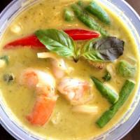 Green Curry · Green curry. Spicy curry with coconut milk, bamboo shoot, bell pepper, green bean, eggplant,...