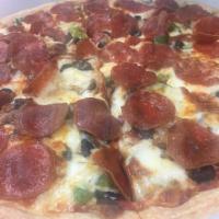 Supreme Deluxe Pizza · Ham, onions, green and red peppers, mushrooms, sausage, pepperoni and gourmet cheese.