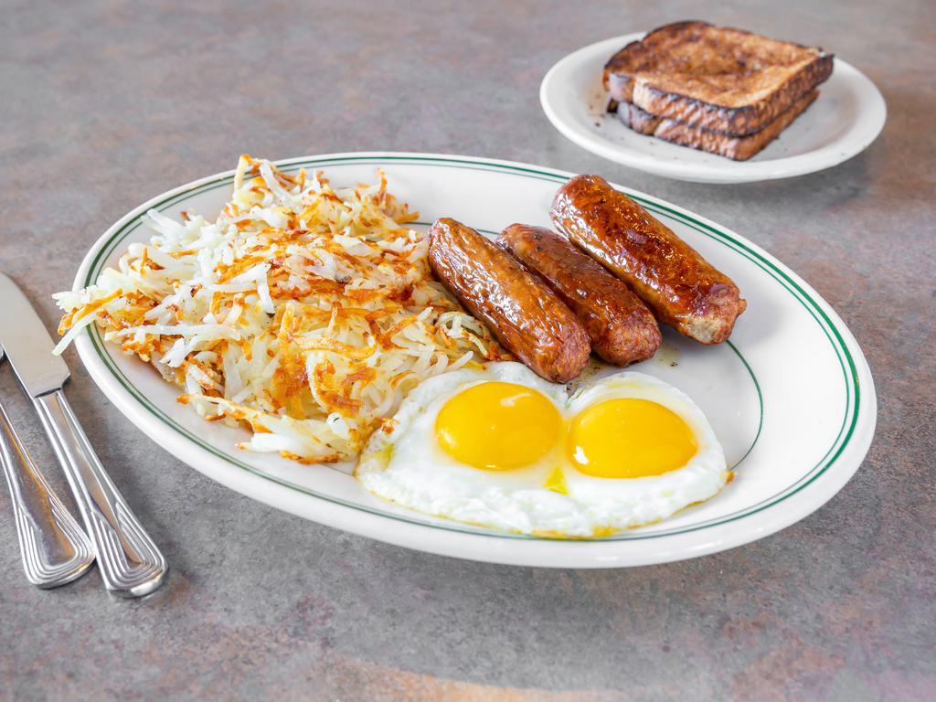 #1. Traditional Breakfast Combo · 2 eggs, choice of bacon, sausage patty or links, German sausage or ham. Served with hash browns and your choice of toast.