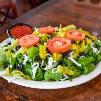 Grilled Chicken Tuscany Salad · Green leaf lettuce, tomato, pepperoncini, black olives and mozzarella cheese.