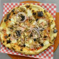 Americano Pizza · Mozzarella, Applewood smoked ham, Italian sausage, mushrooms, olives and onions.