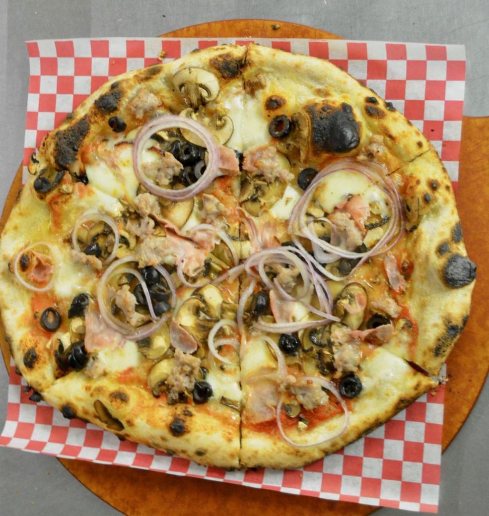 Americano Pizza · Mozzarella, Applewood smoked ham, Italian sausage, mushrooms, olives and onions.