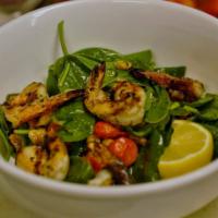 Grilled Shrimp Insalata · Spinach, white beans, cherry tomatoes and hearts of palm.