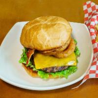 Hickory BBQ Burger with Fries · 1/3 Lbs ground fresh beef, Cheddar, bacon, onion rings, lettuce, tomato, pickles, BBQ sauce ...
