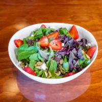 Summer Strawberry · Baby arugula, organic greens, goat cheese, toasted almonds, hemp seeds, berries, and citrus ...