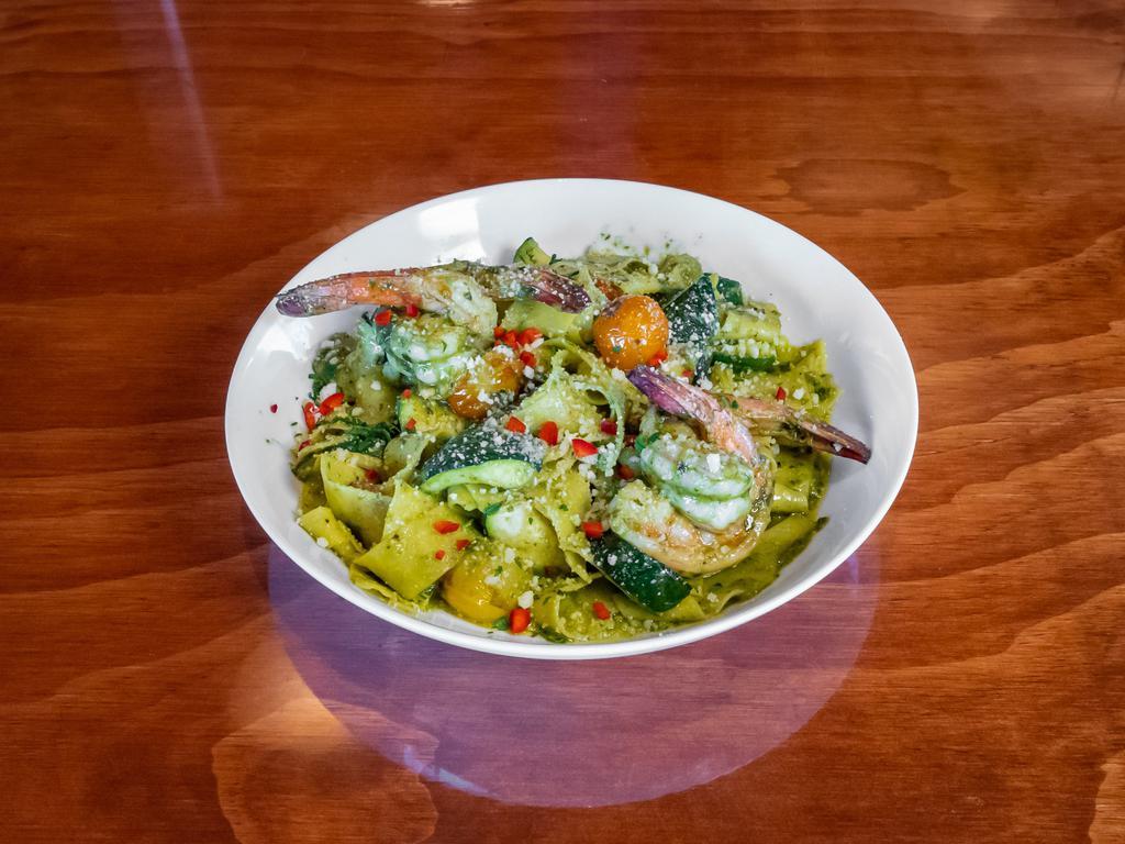 Pappardelle Pesto  · Pappardelle pasta, shrimp, zucchini, charred heirloom tomatoes, and pesto sauce.