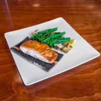 Cedar Plank Salmon  · Atlantic salmon, roasted vegetables, and bourbon maple mustard glaze.