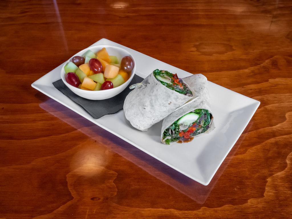 Roasted Veggie Wrap  · roasted zucchini, squash, red onion, mushroom, red peppers, spring mix, quinoa, balsamic reduction, side of fruit