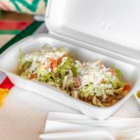 Sopes Lunch · Choice of meat, beans, queso fresco, lettuce, tomatoes, and sour cream.
