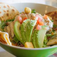 Chicken Caesar Salad · Grilled chicken breast on top of romaine lettuce, tomatoes, avocado, Parmesan cheese, crouto...