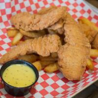 Crispy Chicken Fingers · Golden brown chicken tenders served with fries and a side of honey mustard dressing.