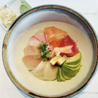 Chirashi Bowl · Assorted sashimi, avocado, scallion, nori soma and salmon roe. Comes with choice of miso sou...