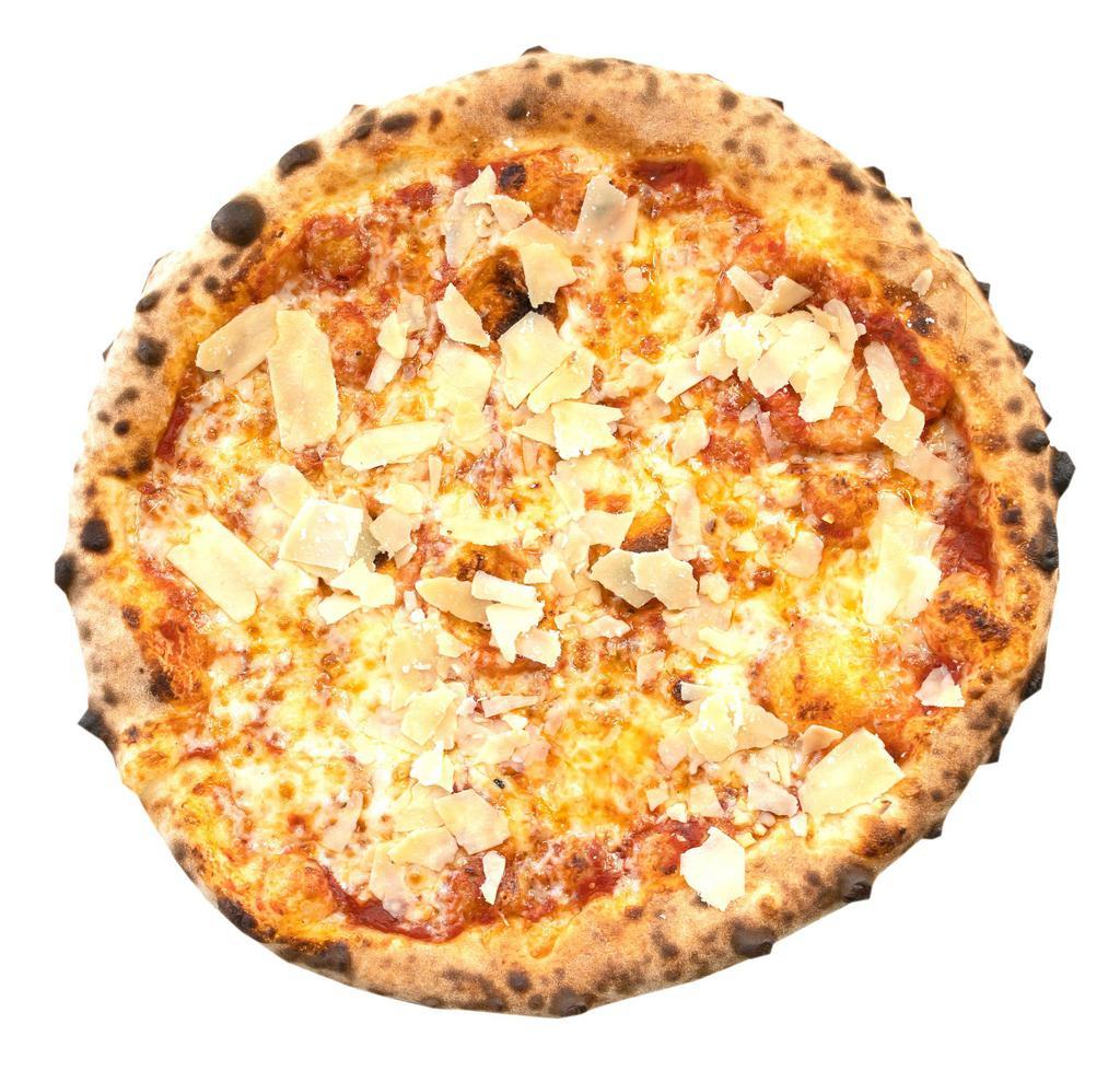 Quattro Formaggi Pizza · Our house tomato sauce, roasted garlic with mozzarella, provolone, Asiago and shaved Parmesan cheeses. 
