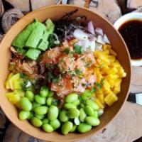 Salmon Poke Bowl with Miso Soup  · Served with Miso Soup, Cucumber, Avocado, Fried Onion, Sesame Seeds
Seaweed, Edamame, Scalli...