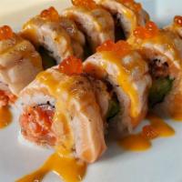 Crazy Salmon Roll  · Spicy Salmon and Avocado top with Seared Salmon, Spicy Mayo and Salmon Roe