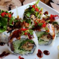 Spider Roll  · Fried Soft Shell Crab, Avocado, Cucumber, Lettuce and Mayo top with Eel Sauce, Scallion and ...