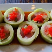 Twister Roll  · Cucumber Wrapped Salmon, Tuna, White Tuna, Yellowtail, Avocado top with Caviar and Ponzu Sauce