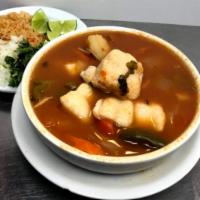 Caldo de Pescado Soup · Fish fillet soup with potatoes , carrots , onions bell peppers . Served with rice , onion, c...