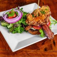 Open Faced Fried Chicken BLT Sandwich · Bell and evans leg 1/4, frisee, tomato, shaved red onion, bacon, mayo and honey gastrique on...