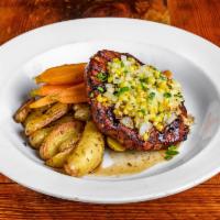 BBQ Pork Ribeye · Molasses BBQ, roasted fingerling potatoes, honey glazed baby carrots. Gluten free. 