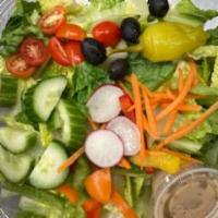 Garden Salad  · Romaine, cucumber, tomato, carrots, peppers & olives.  Dijon vinaigrette.  