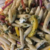 Gourmet Penne Pasta Salad  · Penne pasta, baby spinach, artichoke hearts, feta cheese, red onion, peppers, basil, vinaigr...