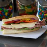 Italian Sandwich · Proscuitto, salami, capicola, provolone, pickles, hot peppers, onions, olive oil, lettuce, a...