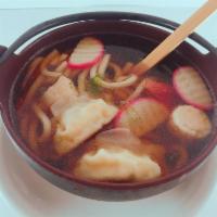 Udon Noodle Soup · Udon noodle, chicken, gyoza, shumai, imitation crab, fish cake and scallion.