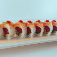 Salmon Fire Roll · In: spicy tuna, cucumber and jalapeno. Top: salmon, jalapeno and Sriracha. Comes with spicy ...