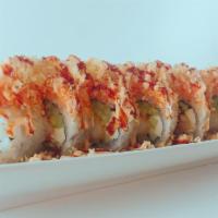 Seared Hamachi Roll · In: eel, avocado, cucumber and imitation crab. Top: spicy tuna, hamachi, masago and fried on...