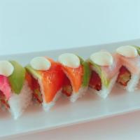 Spicy Rainbow Roll · In: spicy tuna, cucumber and gobo. Top: salmon, tuna, hamachi, albacore and avocado.