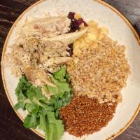 Chicken bowl · Pulled rotisserie chicken over a mix of quinoa and faro that is sauteed in lemon oregano vin...