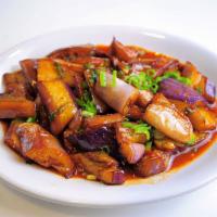 103. Spicy Eggplant · Sauteed eggplant with garlic, ginger, scallions & chili bean paste.