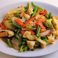 105. Seasonal Vegetables · Stir fried broccoli, snap peas, carrots, water chestnut with garlic.Spicy up on request